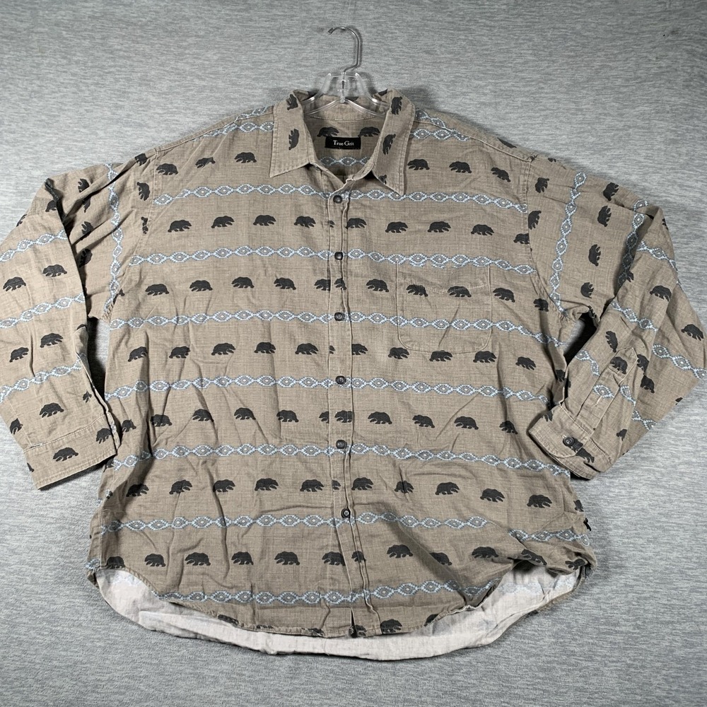 True‎ Grit Shirt Mens XL Beige Mesa Bear Southwestern Flannel Button Front Print